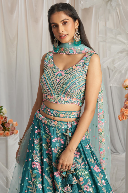 Teal Wedding Wear Poly Georgette Lehenga Choli