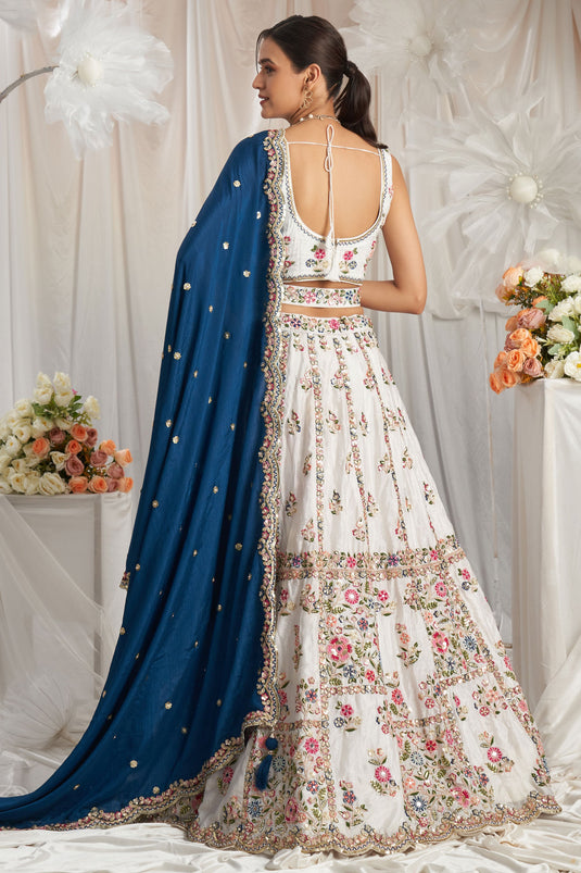 Poly Georgette Sequins Work Off White And Navy Blue Designer Lehenga Choli