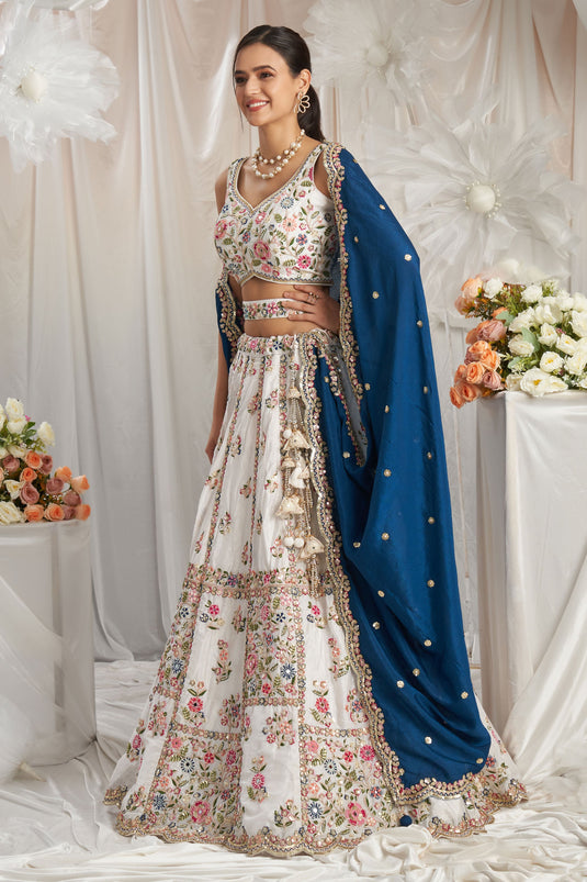 Poly Georgette Sequins Work Off White And Navy Blue Designer Lehenga Choli