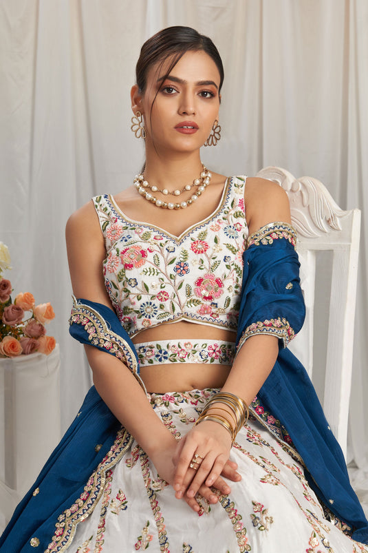 Poly Georgette Sequins Work Off White And Navy Blue Designer Lehenga Choli