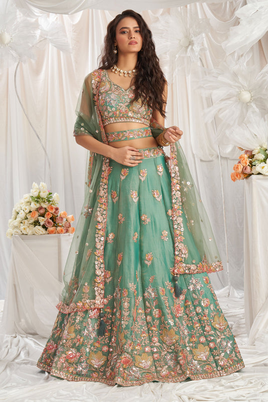 Lime Green Wedding Wear Organza Lehenga Choli