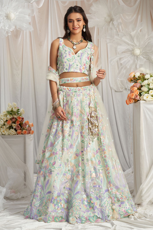 Cream Thread Embroidery Designer Lehenga Choli