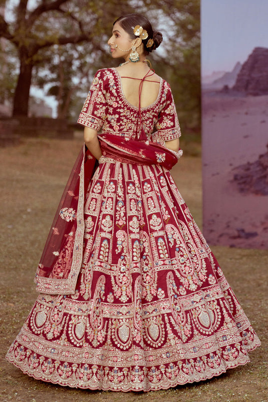 Maroon Embroidered Silk Lehenga Choli