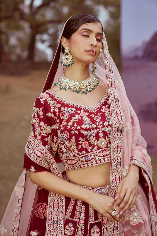 Maroon Embroidered Silk Lehenga Choli