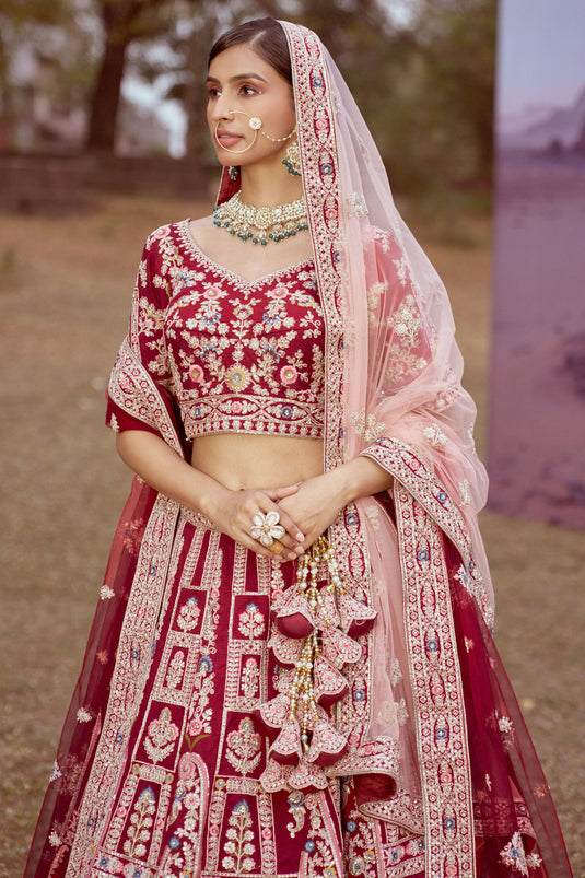 Maroon Embroidered Silk Lehenga Choli