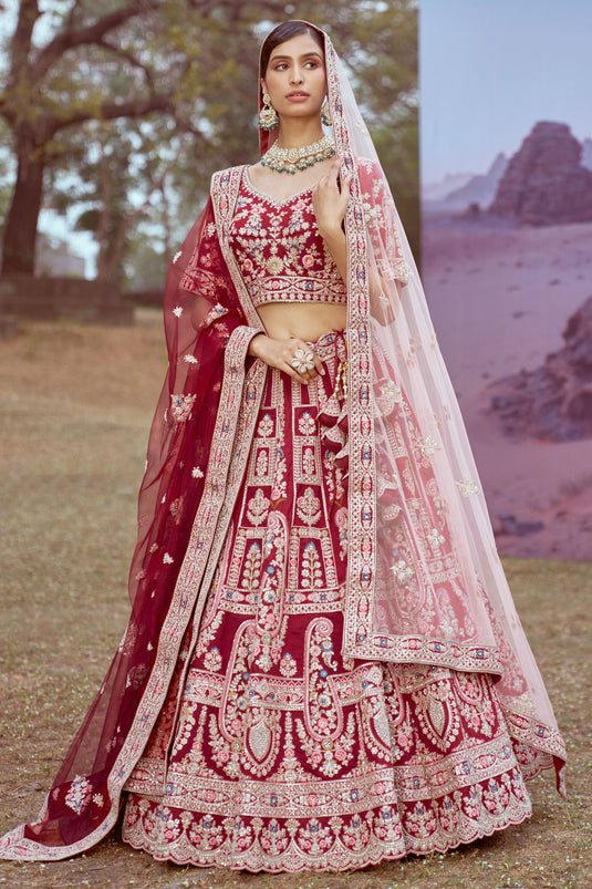 Maroon Embroidered Silk Lehenga Choli