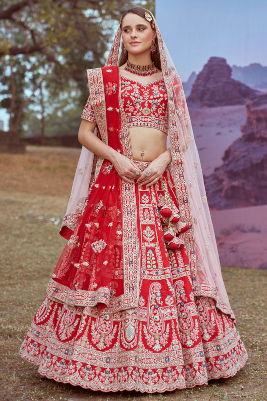 Glamour Embroidered Red Silk Heavy Lehenga Choli