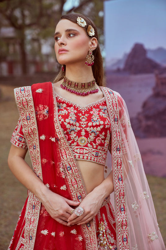 Glamour Embroidered Red Silk Heavy Lehenga Choli