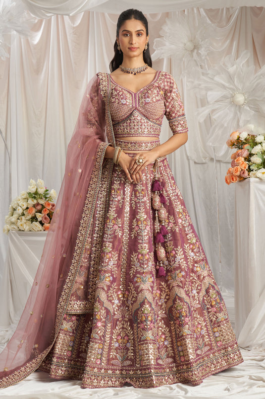 Embroidered Tissue Designer Lehenga Choli In Lavender Color