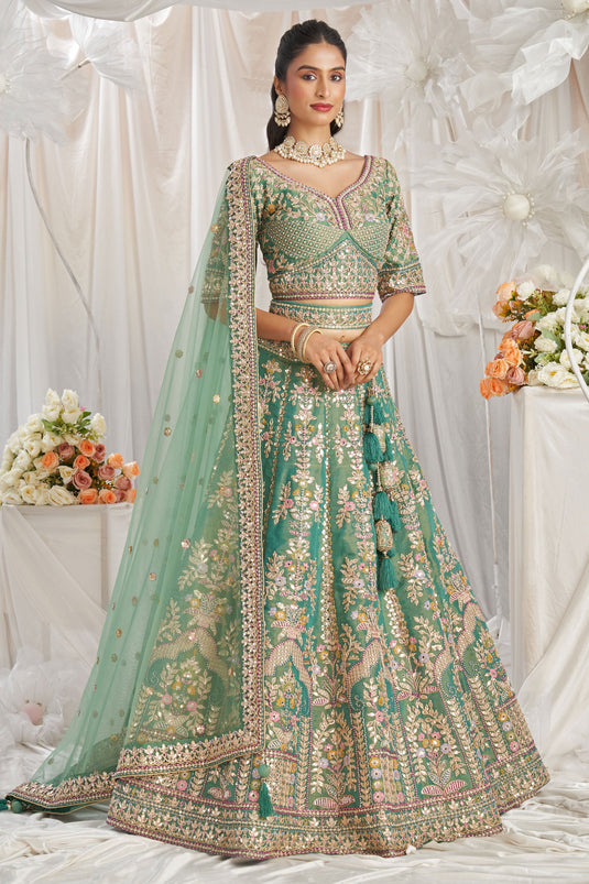 Extraordinary Tissue Sequins Work Sea Green Lehenga Choli