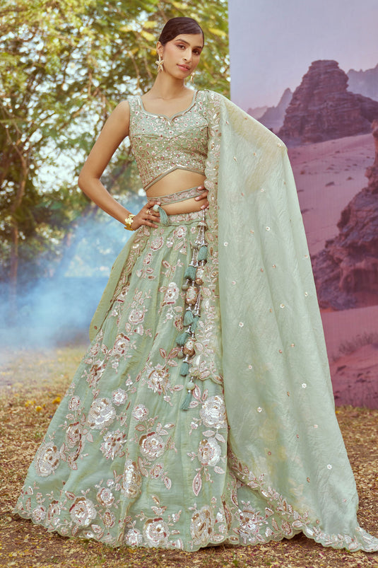 Lustrous Lime Green Heavy Embroidery Organza Designer Lehenga Choli