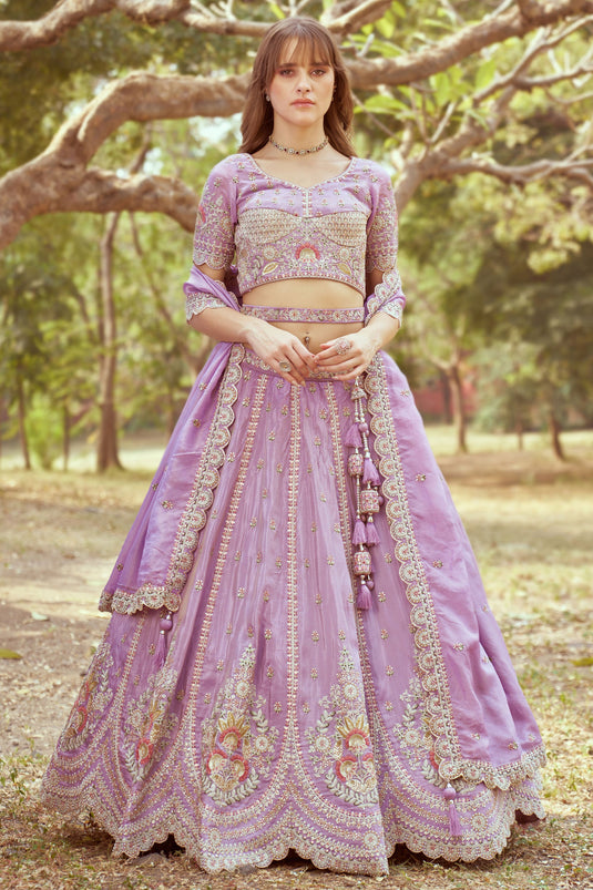 Ruby Lavender Pure Tissue Heavy Embroidered Bridal Lehenga Choli