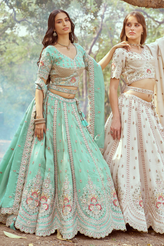 Champagne Sea Green Pure Organza Heavy Embroidered Bridal Lehenga Choli