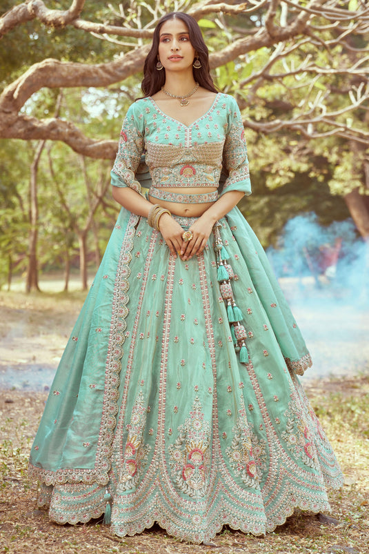 Champagne Sea Green Pure Organza Heavy Embroidered Bridal Lehenga Choli