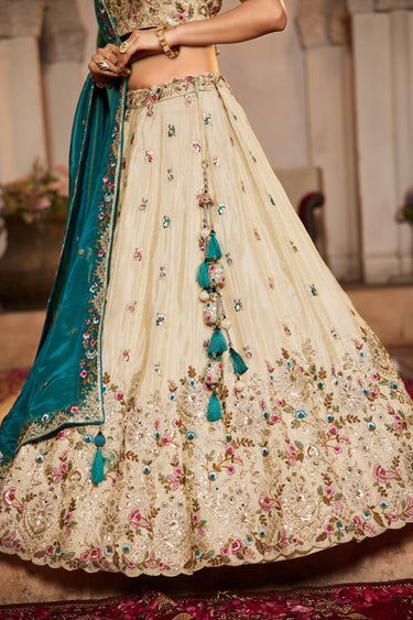 Tissue Teal Sequins Embroidered Bridal Lehenga With Lovely Blouse