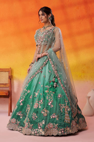 Sea Green Wedding Wear Tissue Embroidered Lehenga Choli