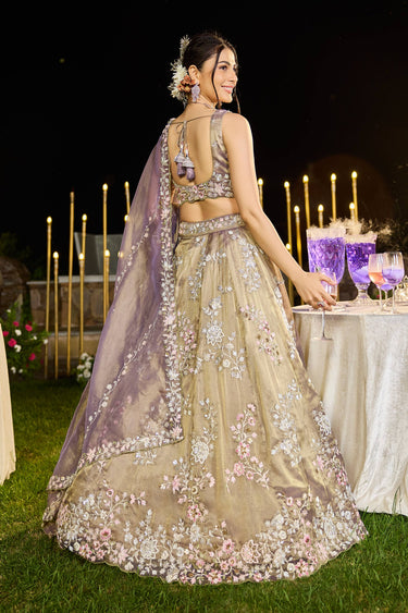 Stunning Lavender Tissue Heavy Embroidered Wedding Wear Lehenga Choli