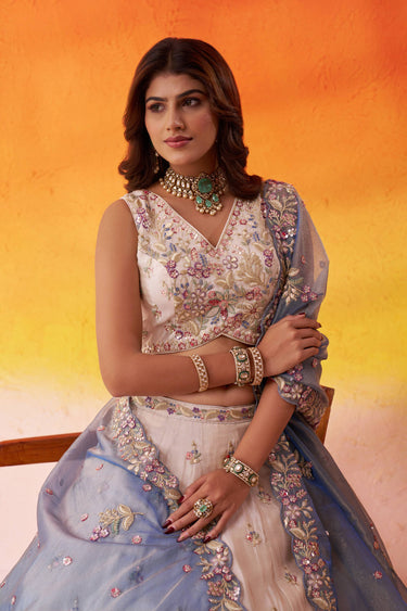 Beige Wedding Wear Tissue Fabric Lehenga Choli