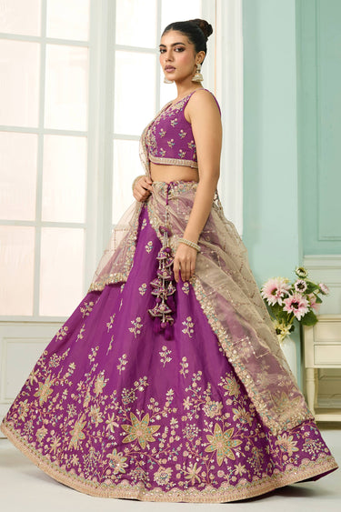 Georgette Embroidered Purple Wedding Wear Lehenga Choli With Dupatta