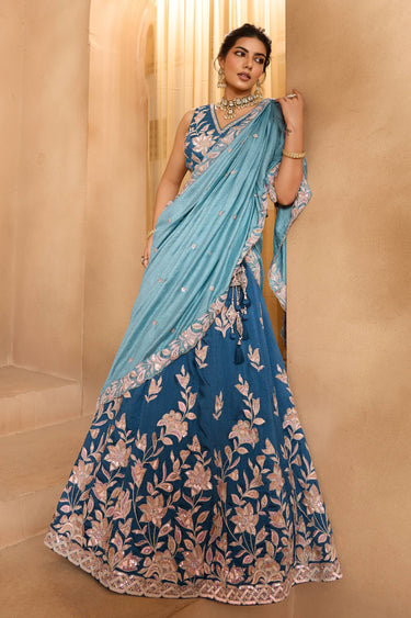 Teal Wedding Wear Silk Embroidered Lehenga Choli