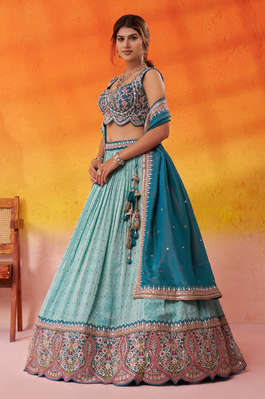 Cyan Tissue Embroidered Wedding Wear Lehenga Choli
