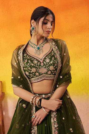 Georgette Embroidered Green Wedding Wear Lehenga Choli With Dupatta