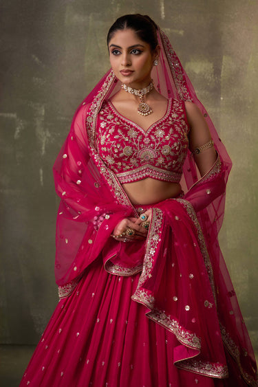 Red Wedding Wear Georgette Embroidered Lehenga Choli