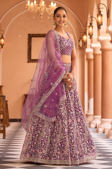 Purple Wedding Wear Net Fabric Embroidered Lehenga Choli