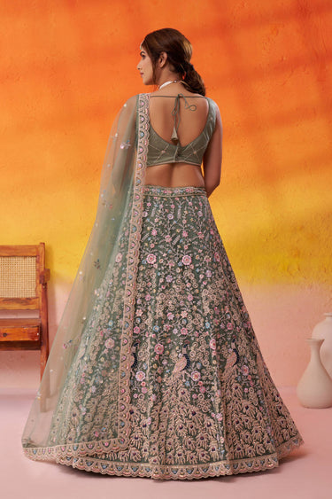 Sea Green Wedding Wear Net Embroidered Lehenga Choli