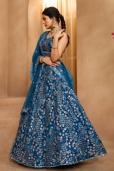 Net Fabric Embroidered Navy Blue Lehenga Choli For Wedding Wear