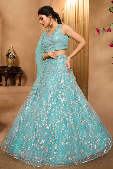 Cyan Wedding Wear Net Fabric Lehenga Choli With Dupatta