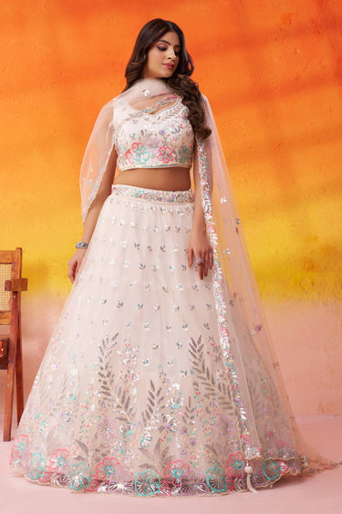 Net Fabric Off White Wedding Wear Lehenga Choli With Dupatta