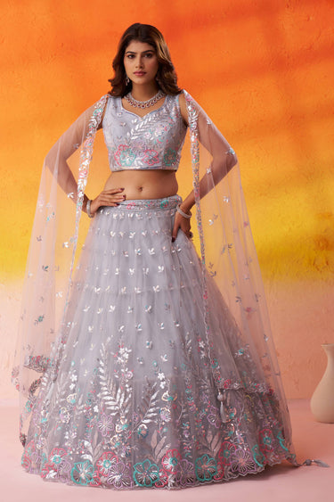Grey Wedding Wear Net Fabric Embroidered Lehenga Choli
