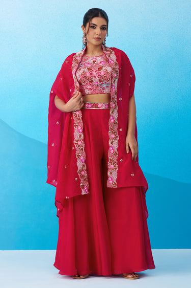 Graceful Rani Crepe Embroidered Indo Western Crop Top With Palazzo And Flared Cape