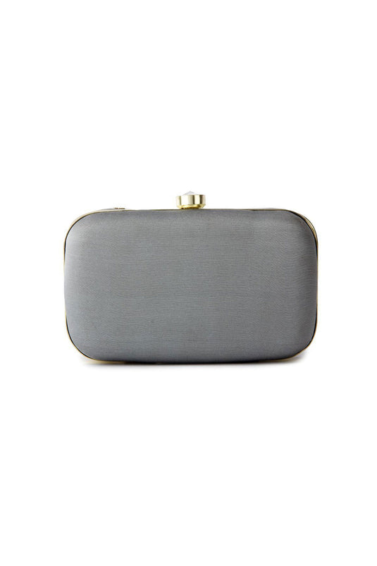 Charming Grey Color Fancy Fabric Embroidered Clutch