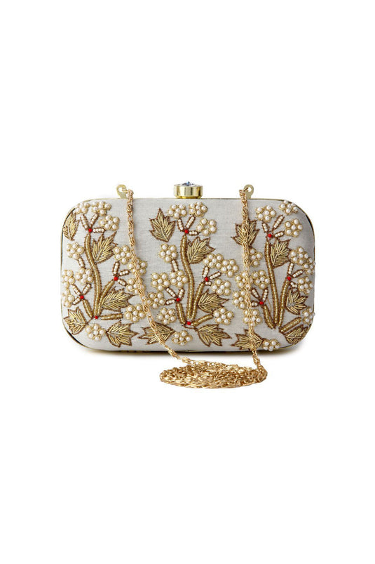 Delicate Fancy Fabric Embroidered Grey Color Clutch