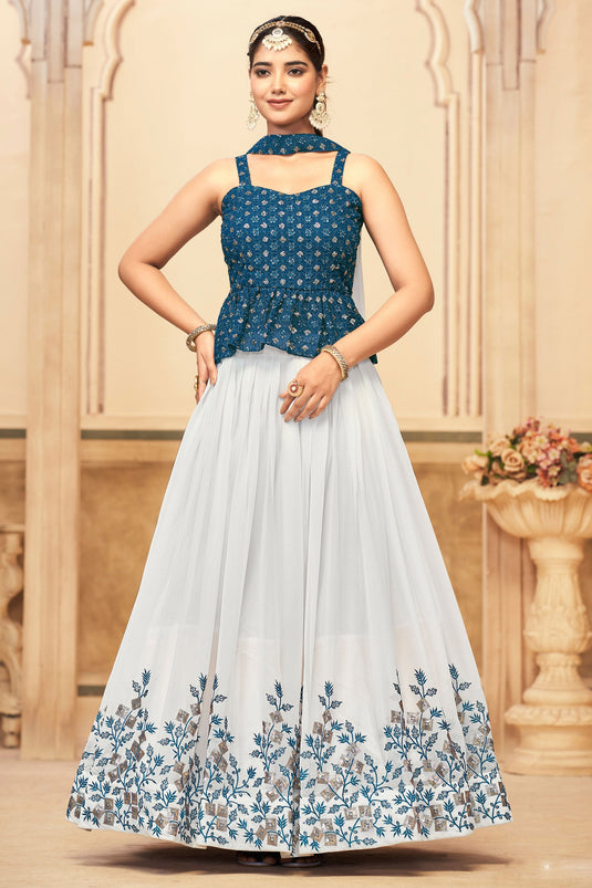 Tempting Georgette Fabric White Color Lehenga With Embroidered Work