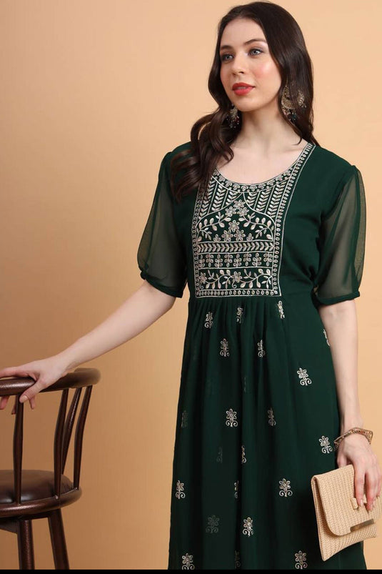 Georgette Fabric Dark Green Color Delicate Readymade Kurti