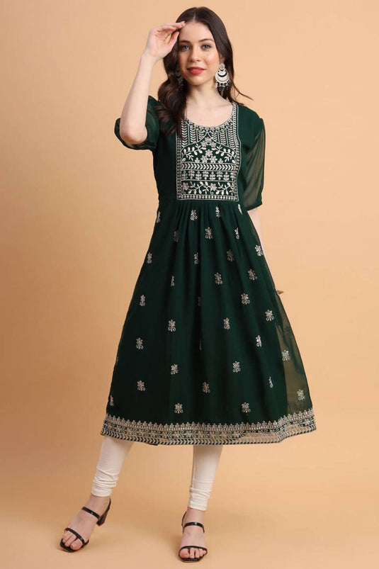 Georgette Fabric Dark Green Color Delicate Readymade Kurti