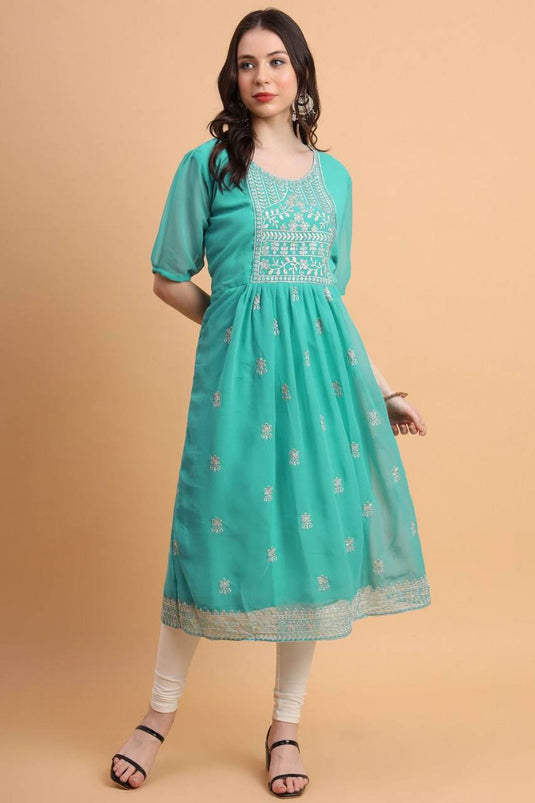 Engaging Sea Green Color Georgette Fabric Readymade Kurti