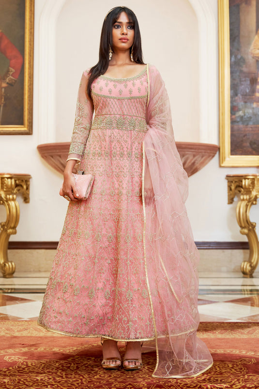 Net Fabric Pink Color Function Style Elegant Anarkali Suit