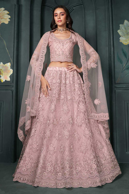 Glorious Wedding Wear Pink Color Net Fabric Lehenga