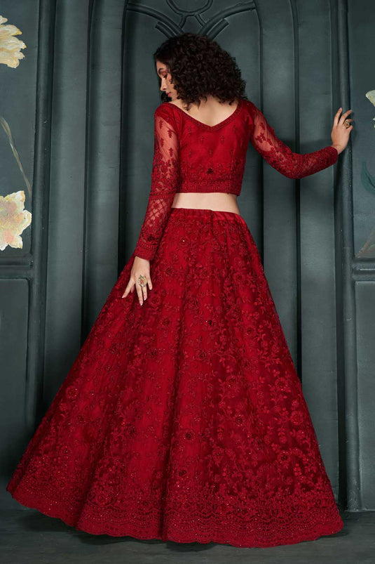 Radiant Red Color Wedding Wear Net Fabric Lehenga