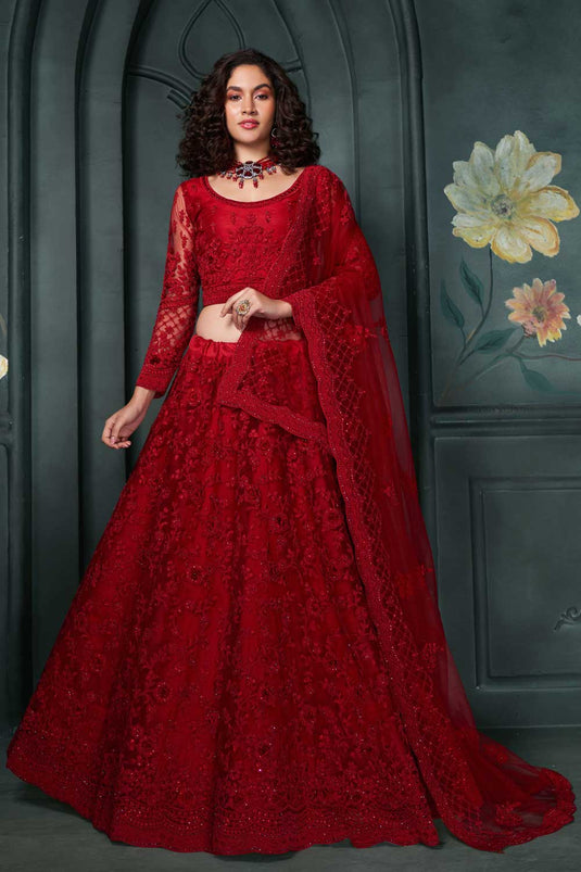 Radiant Red Color Wedding Wear Net Fabric Lehenga