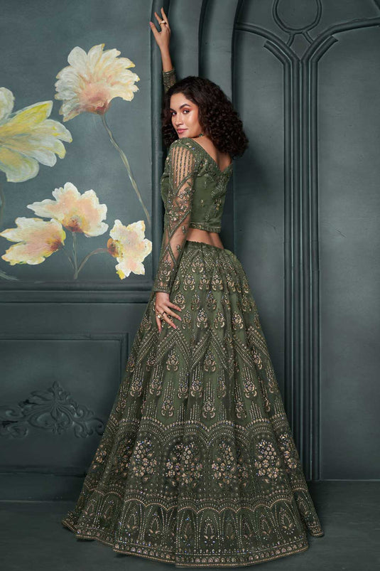 Blazing Mehendi Green Color Wedding Wear Net Fabric Lehenga