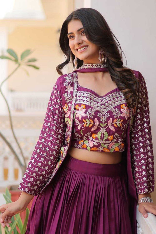 Purple Color Chinon Fabric Trendy Readymade Lehenga With Koti