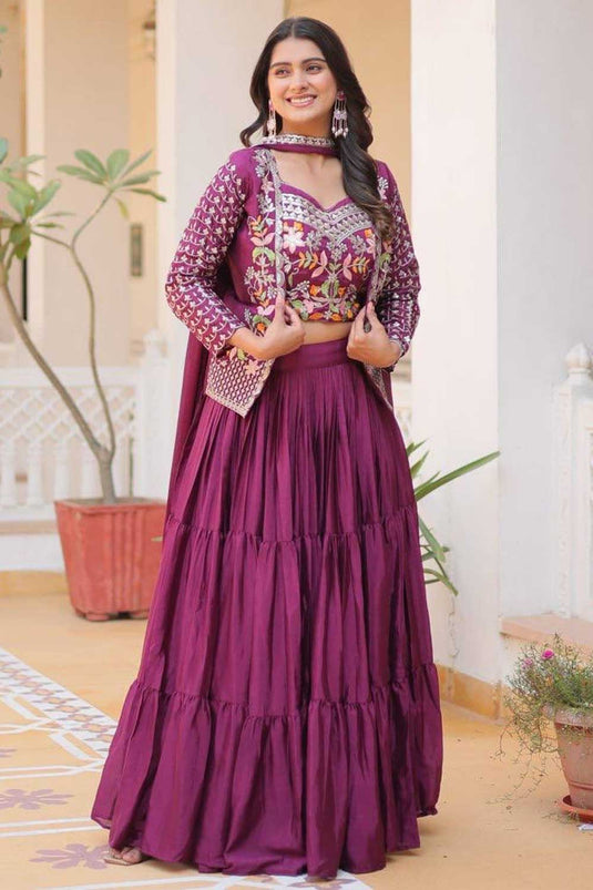 Purple Color Chinon Fabric Trendy Readymade Lehenga With Koti