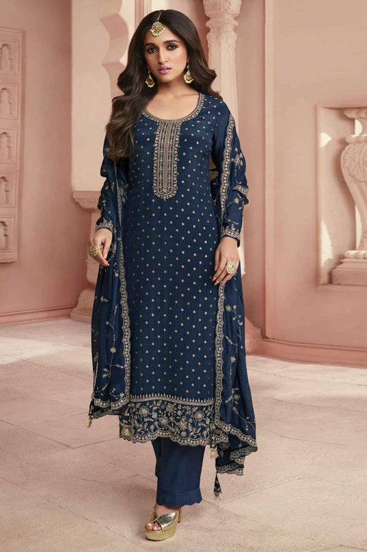 Nidhi shah Navy Blue Color Awesome Dola Silk Salwar Suit