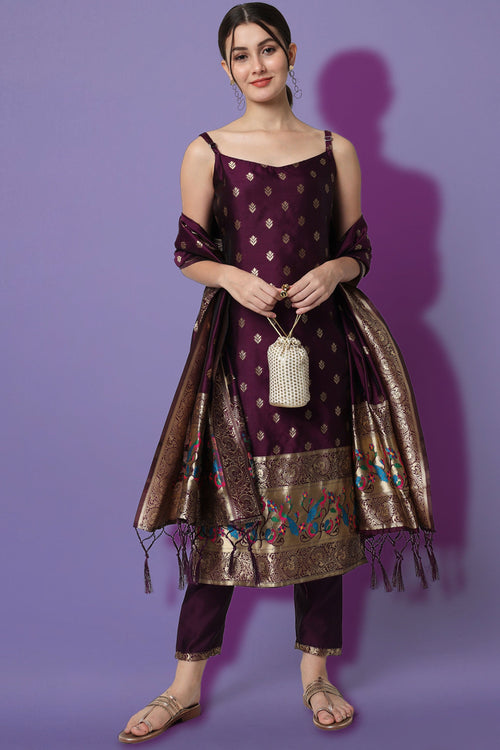 Weaving Work Wine Salwar Suit With Banarasi Silk Dupatta