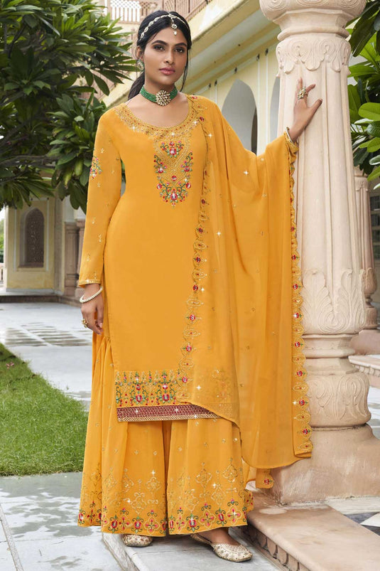 Georgette Fabric Beatific Sharara Suit In Yellow Color